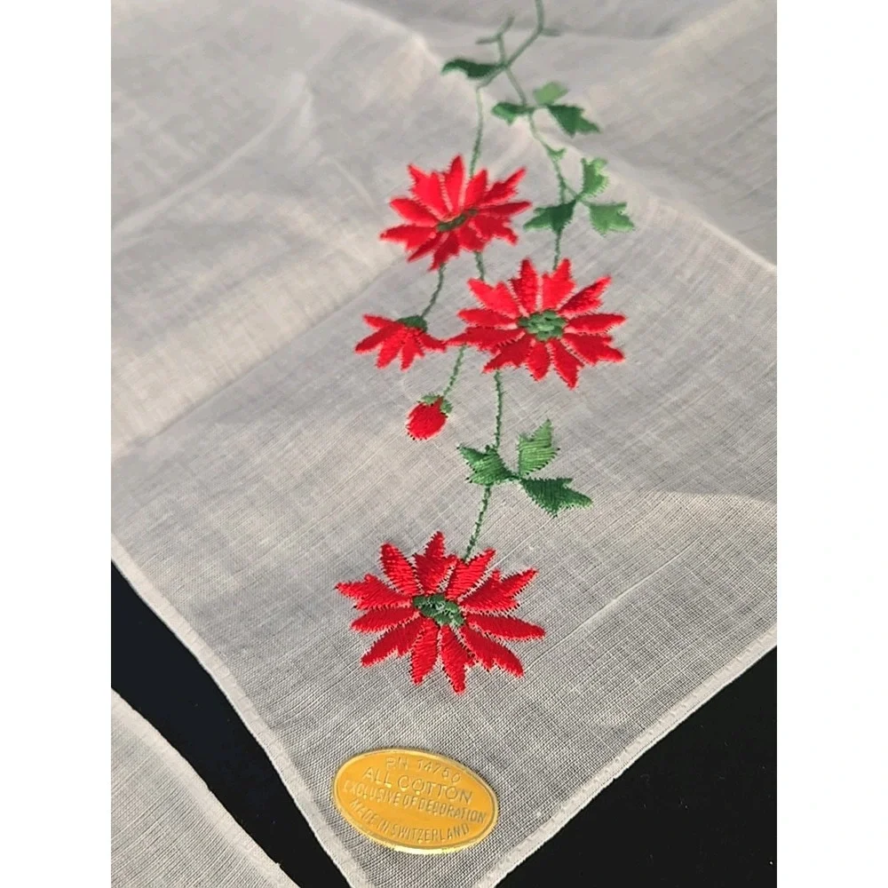2 Vtg Ladies Hanky SWITZERLAND CHRISTMAS Handkerchief‎ POINSETTIA Tags
